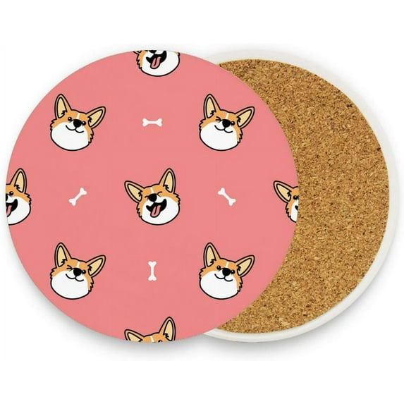 Coasters for Drinks Set of 4 Absorbent Ceramic Coasters with Cork Base, Cute Corgi Face Coffee Coaster Great Gift for Table, Housewarming, Birthday, Kitchen, Home Decor