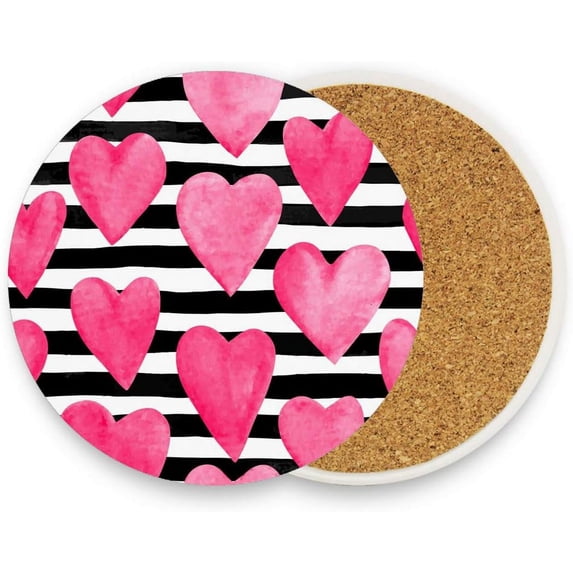 Coasters for Drinks Set of 4 Absorbent Ceramic Coasters with Cork Base, Striped Pink Heart Coffee Coaster Great Gift for Table, Housewarming, Birthday, Kitchen, Home Decor