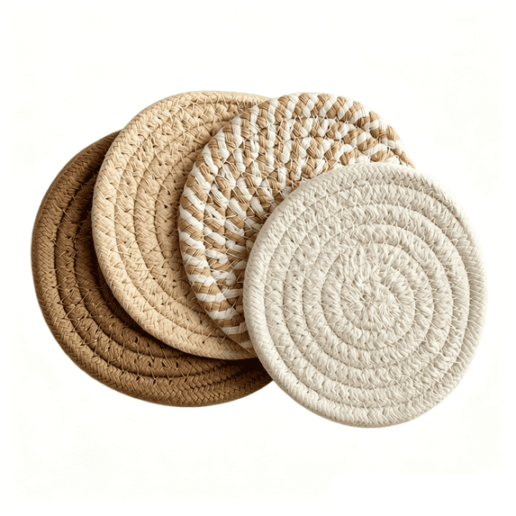 Coasters Set of 4 Absorbent Woven Round Drink Coasters Neutral Boho Farmhouse Decor for Coffee Table Kitchen Counter Housewarming Gifts New Home 4.3 Inch