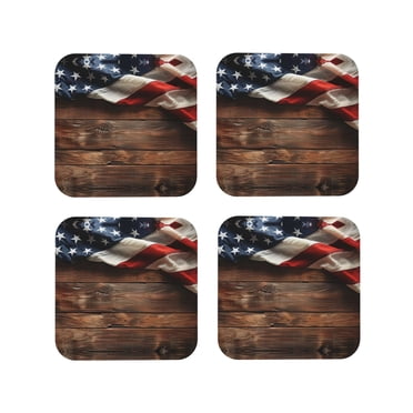 American Flag Distressed Wood Look Ceramic Coasters – Set Of 4, 4x4 Inches, Absorbent With Cork Backing