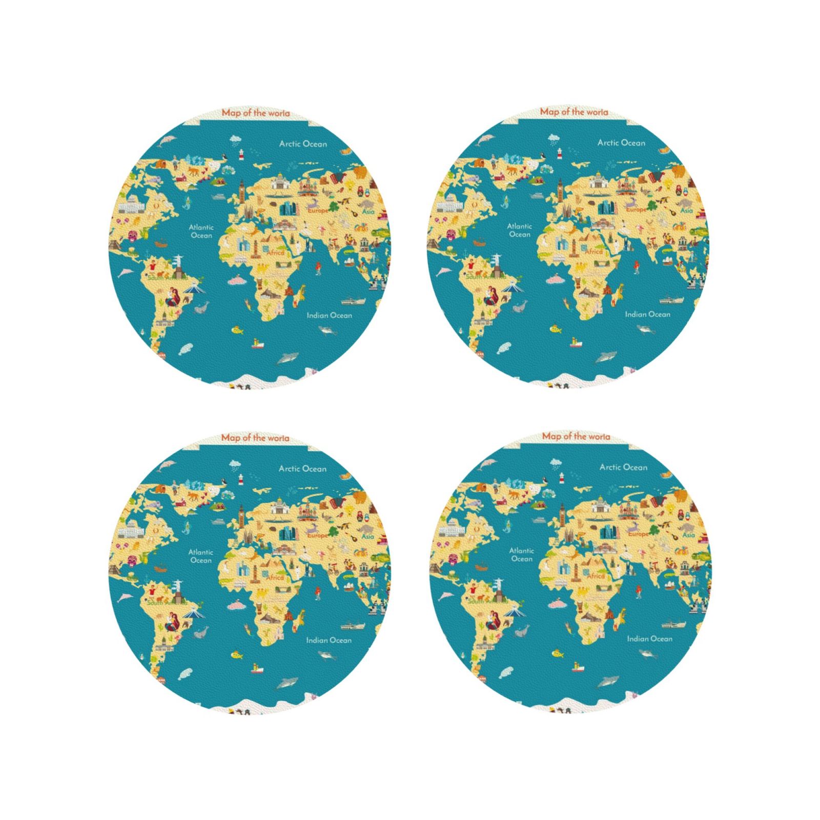 Round Map Coaster Coasters Set of 4 - World Map With Landmarks Drink Coasters for ...