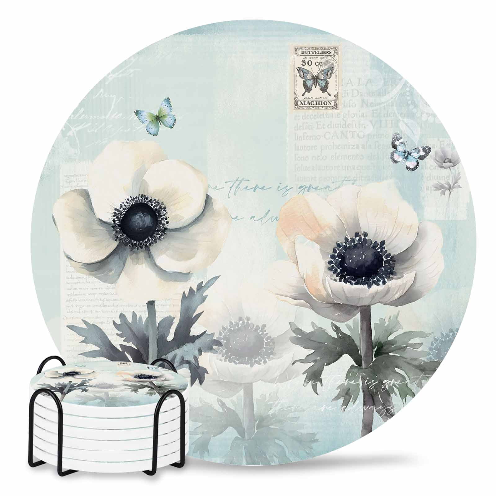 Coasters Set of 6 Blue Floral Drink Coasters with Holder Absorbent ...