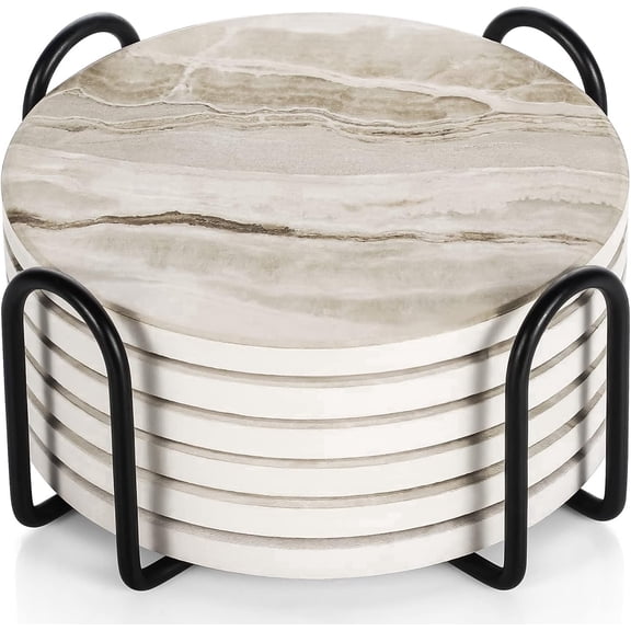 6 Pcs Black Marble Style Ceramic Drink Coasters Set with Holder, Absorbent Stone Coasters for Tabletop Protection & Home Decor