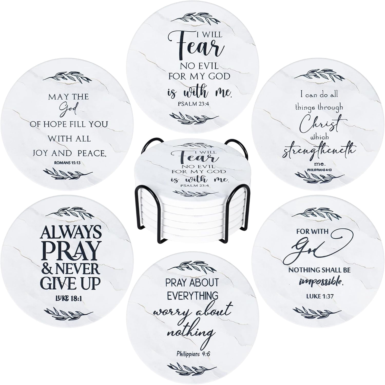 Coasters Set of 6, Drink Coasters Christian Coasters Gifts, White Marble Absorbent Coasters Table Coasters Ceramic Coasters with Holder and Cork Backing, House Warming Gifts