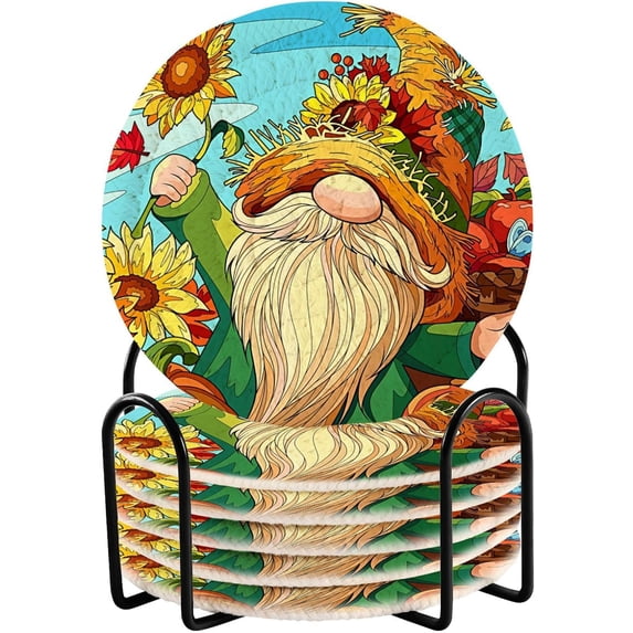 Coasters Set of 6, Gnome with Sunflowers Truck Coasters with Holder Cotton Woven Drink Coasters Set Cup Coasters for Coffee Table Coasters for Drinks Absorbent Home Decor Aesthetic