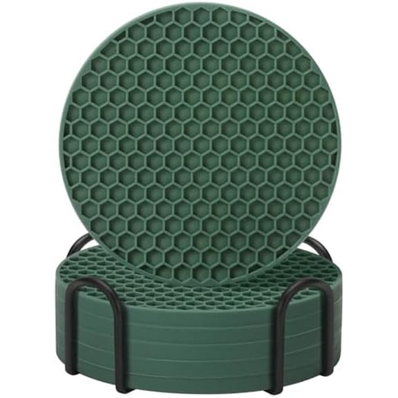 Coasters Set of 6 with Holder,Coasters for Drinks,Coffee Table Decor Coaster,Suitable for Kinds Cups,Anti-Slip,Non-Stick,Silicone Cup Coaster and Living Room Decor(6 Pcs, Green)
