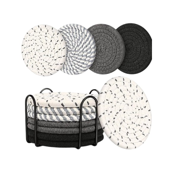 Coasters Set of 8 Absorbent Cotton Rope Drink Coasters with Holder Boho Woven Table Mats for Coffee Tea Water Heat Protection Desk Kitchen Living Room Black