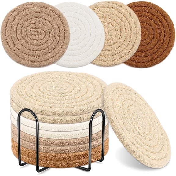 Coasters Set of 8 for Drinks,4 Colors Absorbent Desk Coasters with Metal Holder, Cotton Woven Coaster, Farmhouse Cup Coaster Set for Home Decor,Table Protection, Housewarming Gift (4.3 Inch)