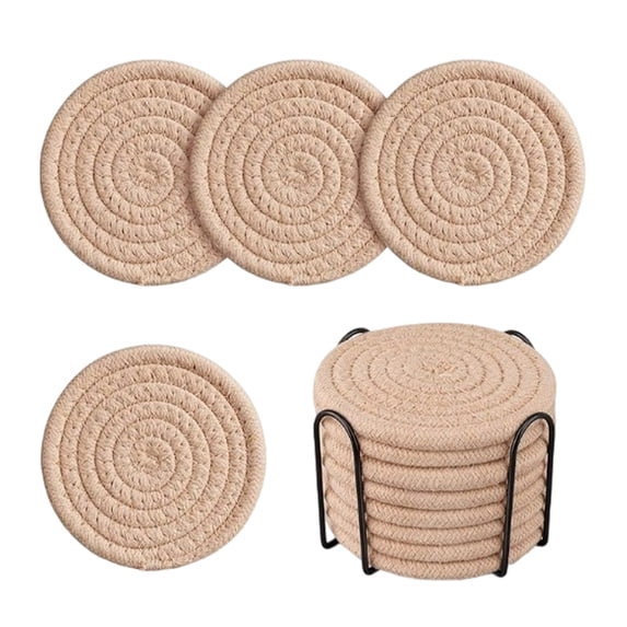 Coasters Set of 8 for Drinks, Beer, Coffee, Cotton Woven ,Absorbent Coaster with Holder, Boho Coasters for Home Decor Tabletop Protection Suitable for Kinds of Cups, Coffee,4.33 inch,Light Brown.