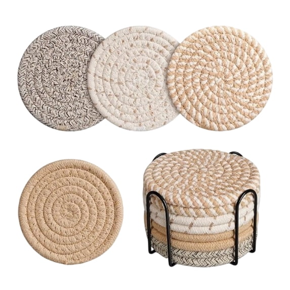 Coasters Set of 8 for Drinks, Beer, Coffee, Cotton Woven ,Absorbent Coaster with Holder, Boho Coasters for Home Decor Tabletop Protection Suitable for Kinds of Cups, Coffee,4.33 inch,Khaki.