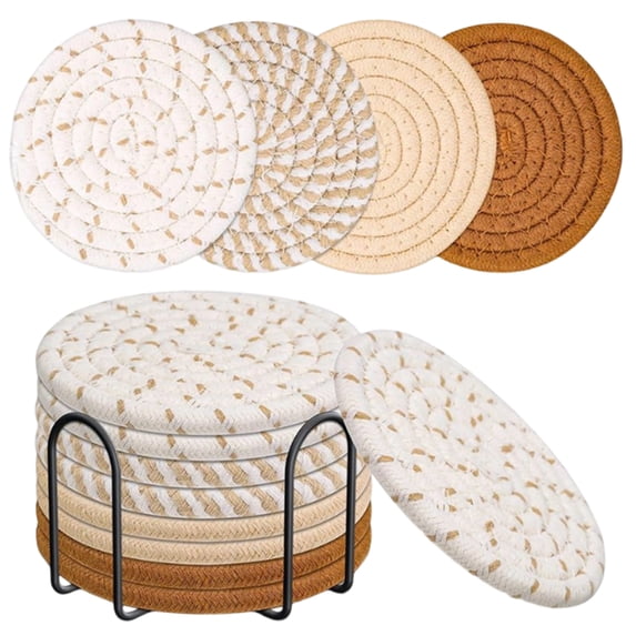 Coasters Set of 8 for Drinks, Beer, Coffee, Cotton Woven ,Absorbent Coaster with Holder, Boho Coasters for Home Decor Tabletop Protection Suitable for Kinds of Cups, Coffee,4.33 inch,Coffee.