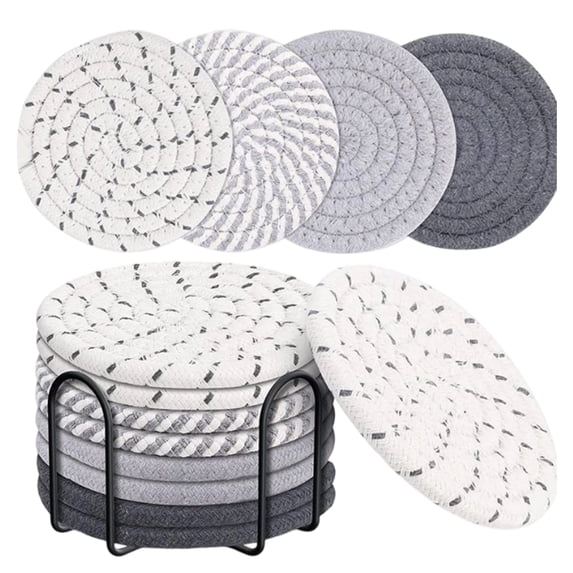 Coasters Set of 8 for Drinks, Beer, Coffee, Cotton Woven ,Absorbent Coaster with Holder, Boho Coasters for Home Decor Tabletop Protection Suitable for Kinds of Cups, Coffee,4.33 inch,Gray.