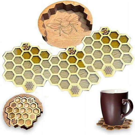 Coasters Set for Drinks with Holder, 4Pcs Honeycomb Shaped Drink Coasters, Mug Coaster for Cold/Hot Drink