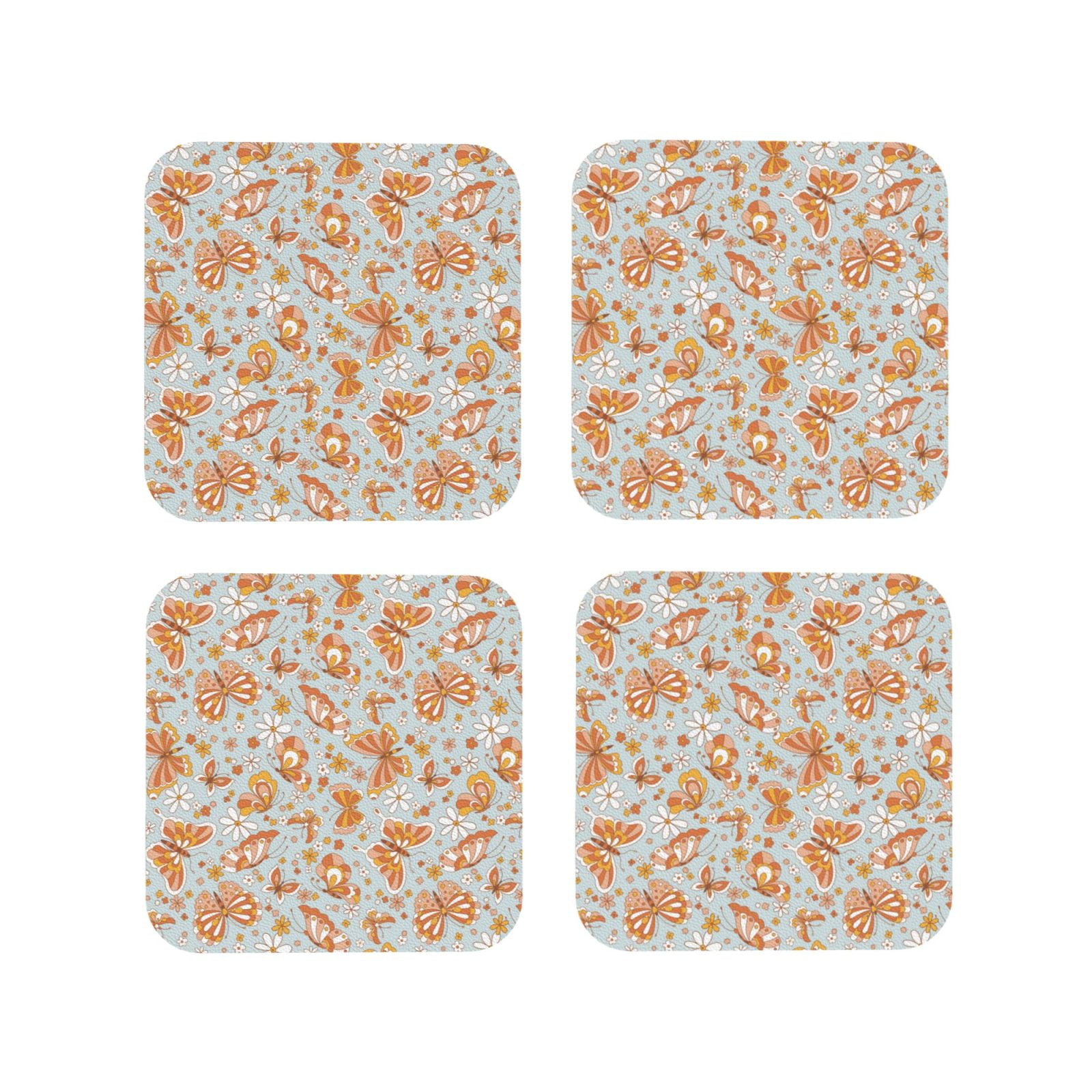 Coasters Set of 4 - Retro Floral Butterfly Drink Coasters for Tabletop ...