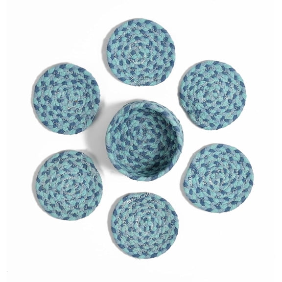Coasters Set of 6 for Drinks, Cotton Woven Absorbent Coasters with Holder – Boho Style Tabletop Protection for Coffee, Beer & Cups (Blue)