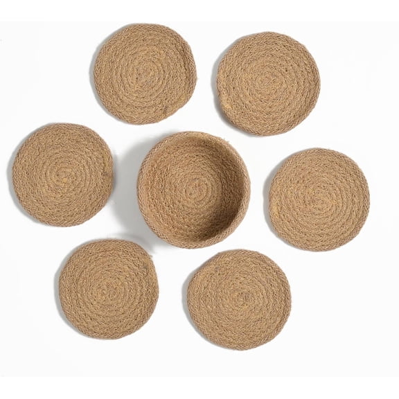 Coasters Set of 6 for Drinks, Cotton Woven Absorbent Coasters with Holder, Boho Style Tabletop Protection for Coffee, Beer & Cups (Brown)