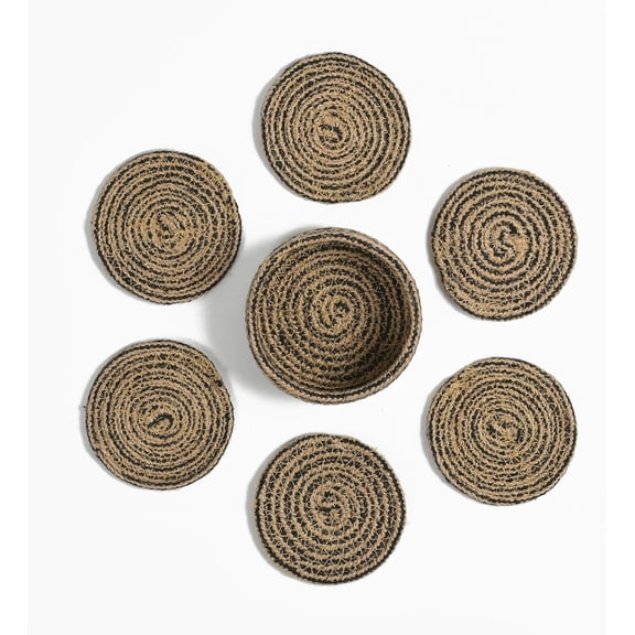 Coasters Set of 6 for Drinks, Cotton Woven Absorbent Coasters with Holder – Boho Style Tabletop Protection for Coffee, Beer & Cups (Taupe)