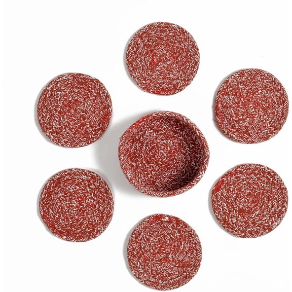 Coasters Set of 6 for Drinks, Cotton Woven Absorbent Coasters with Holder, Boho Style Tabletop Protection for Coffee, Beer & Cups (White & Red)
