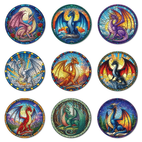 Coasters Set of 9 Fantasy Dragon Pattern Colorful Wooden Coasters Bulk Round Housewarming Gift