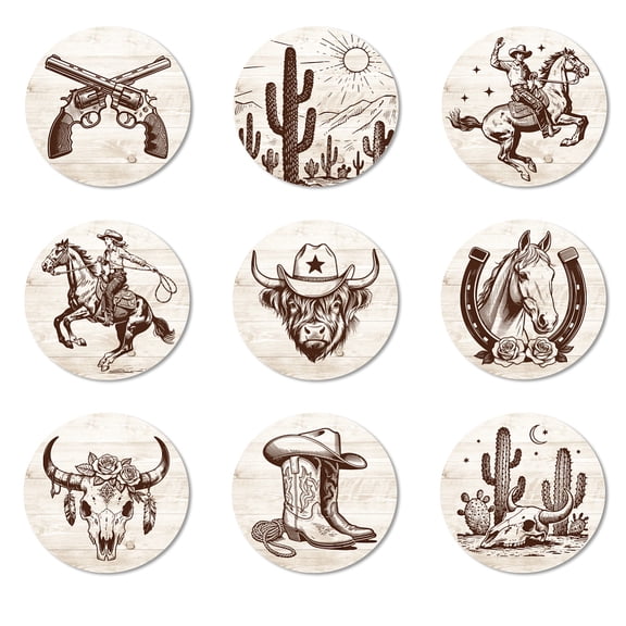 Coasters Set of 9 Western Cowboy Pattern Colorful Wooden Coasters Bulk Round Housewarming Gift