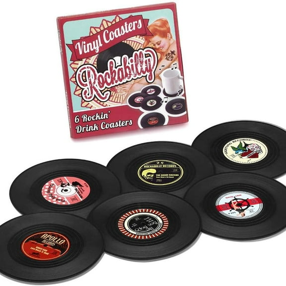 Coasters Vinyl Record Disk Coaster for Drinks,Set of 6 Rockabilly Vinyl Coaster Set with Funny Labels, Protect Furniture from Water Marks & Damage