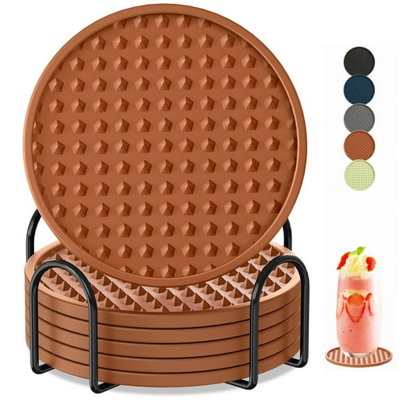 Coasters for Drinks 6 Pack Drink Coasters with Holder,Heat Resistant Silicone Cup Mat Tabletop Protection,Non-Slip Rubber Coaster for Kinds of Cups