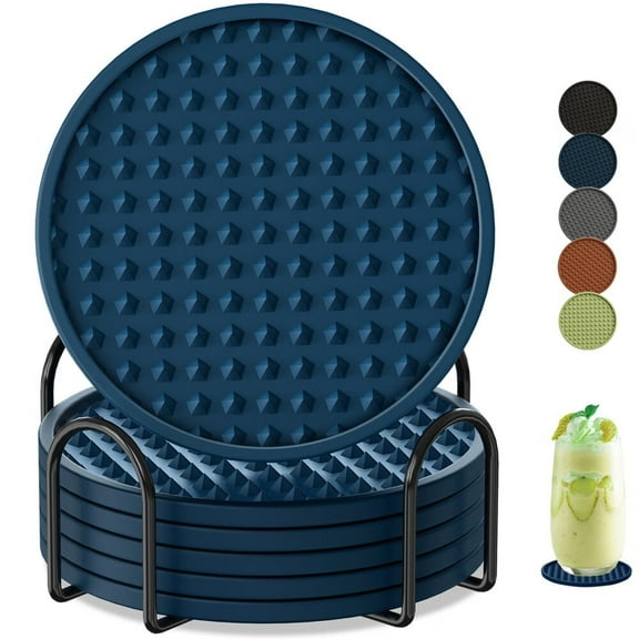 Coasters for Drinks 6 Pack Drink Coasters with Holder,Heat Resistant Silicone Cup Mat Tabletop Protection,Non-Slip Rubber Coaster for Kinds of Cups