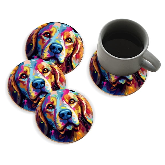 Coasters for Drinks Bar Beer,Set of 4 ,Round Wooden Housewarming Gift,Abstract Colorful Vector Art Of Golden Retriever Dog Portrait