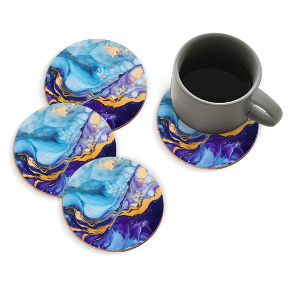 Coasters for Drinks Bar Beer,Set of 4 ,Round Wooden Housewarming Gift,Abstract Fluid Art Painting In Shades Of Purple And Blue