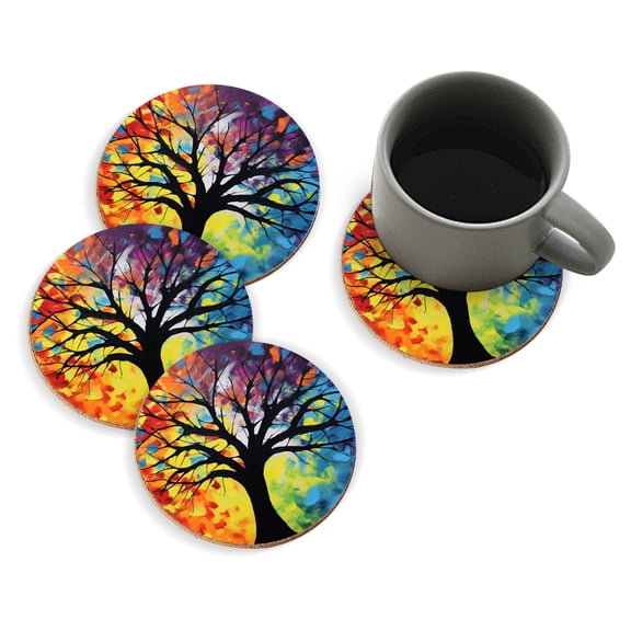 Coasters for Drinks Bar Beer,Set of 4 ,Round Wooden Housewarming Gift,Abstract Painting Of Silhouetted Tree With Colorful Background