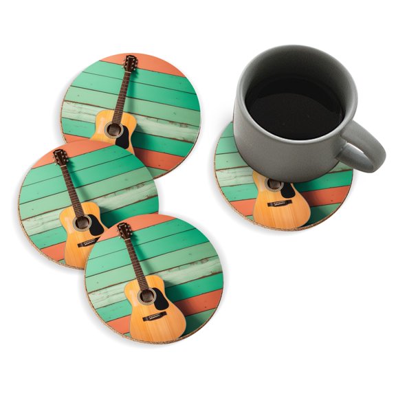 Coasters for Drinks Bar Beer,Set of 4 ,Round Wooden Housewarming Gift,Acoustic Guitar Leaning Against Wooden Wall