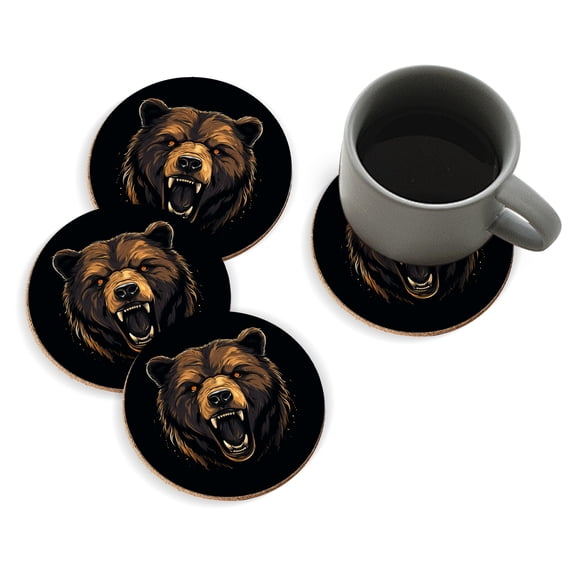Coasters for Drinks Bar Beer,Set of 4 ,Round Wooden Housewarming Gift,Angry Bear Head With Open Mouth And Sharp Teeth