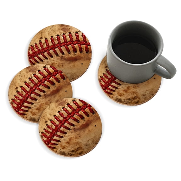 Coasters for Drinks Bar Beer,Set of 4 ,Round Wooden Housewarming Gift,Baseball Stitching Showing The Red Thread