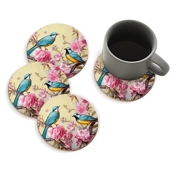 Coasters for Drinks Bar Beer,Set of 4 ,Round Wooden Housewarming Gift,Beautiful Birds With Blue And Yellow Feathers
