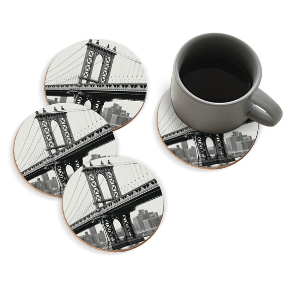 Coasters for Drinks Bar Beer,Set of 4 ,Round Wooden Housewarming Gift,Black And White Photo Of The Manhattan Bridge