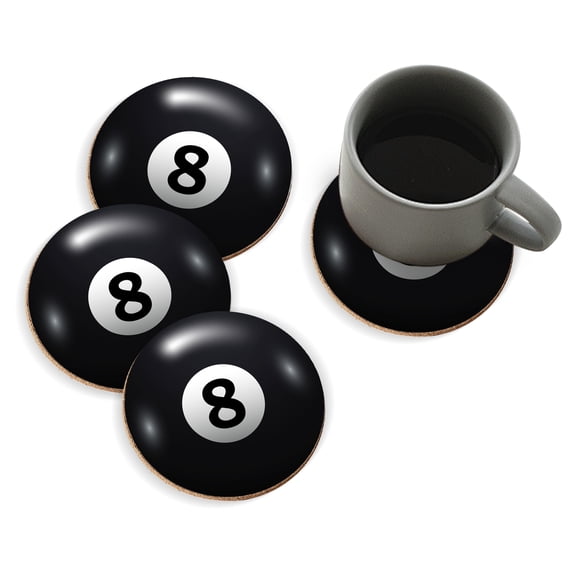 Coasters for Drinks Bar Beer,Set of 4 ,Round Wooden Housewarming Gift,Black Eight Ball
