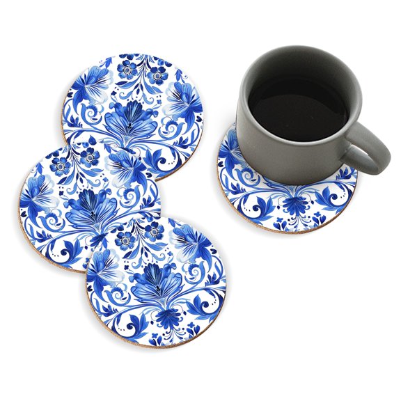 Coasters for Drinks Bar Beer,Set of 4 ,Round Wooden Housewarming Gift,Blue And White Floral Pattern In The Style Of Russian