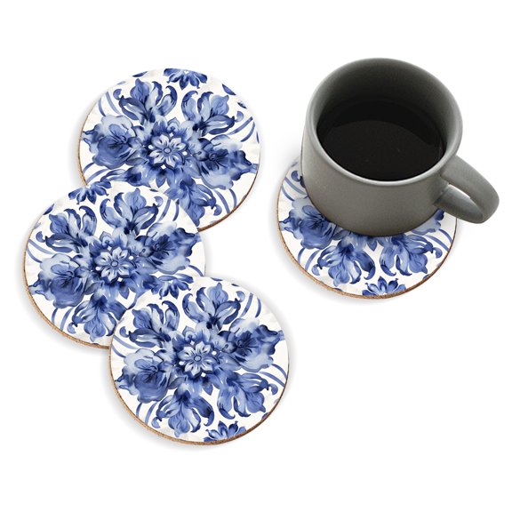 Coasters for Drinks Bar Beer,Set of 4 ,Round Wooden Housewarming Gift,Blue And White Porcelain Pattern With Floral Motifs