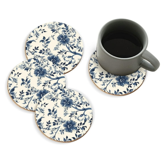 Coasters for Drinks Bar Beer,Set of 4 ,Round Wooden Housewarming Gift,Blue And White Porcelain-Style Floral Pattern With Large Flowers