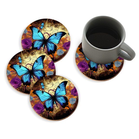 Coasters for Drinks Bar Beer,Set of 4 ,Round Wooden Housewarming Gift,Blue Butterfly With In The Purple Roses Background