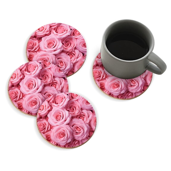 Coasters for Drinks Bar Beer,Set of 4 ,Round Wooden Housewarming Gift,Bouquet Of Many Pink Roses Beautiful Pattern