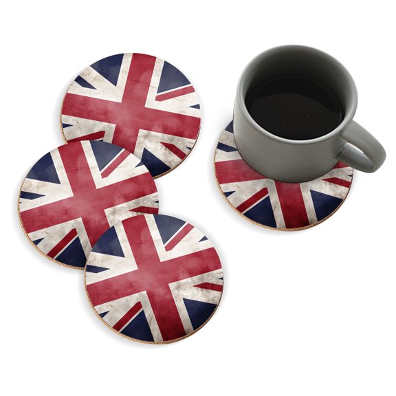 Coasters for Drinks Bar Beer,Set of 4 ,Round Wooden Housewarming Gift,British Flag Background With Grunge Texture