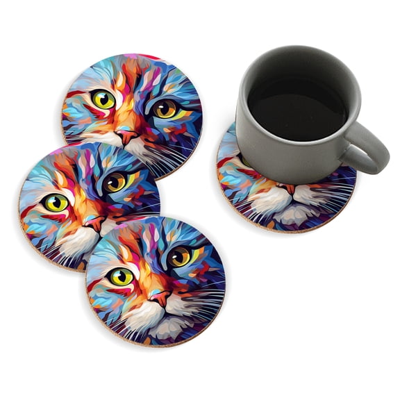 Coasters for Drinks Bar Beer,Set of 4 ,Round Wooden Housewarming Gift,Colorful Cat Face With Large Eyes And Long Fur