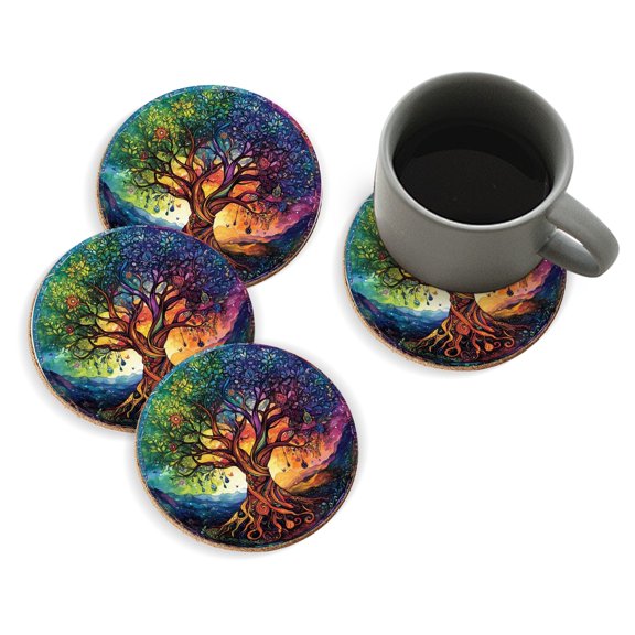 Coasters for Drinks Bar Beer,Set of 4 ,Round Wooden Housewarming Gift,Colorful Mandala With Intricate Tree Of Life