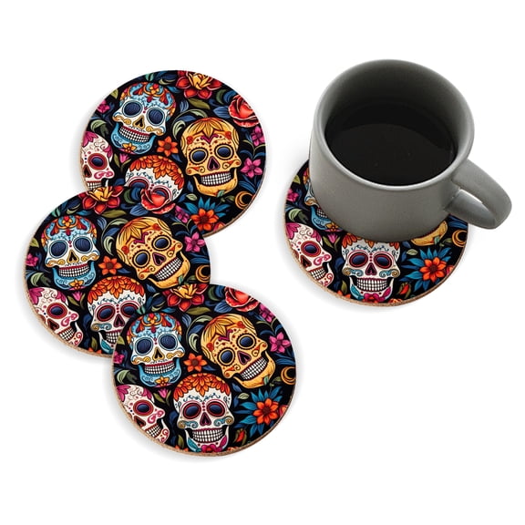 Coasters for Drinks Bar Beer,Set of 4 ,Round Wooden Housewarming Gift,Day Of The Dead Skull Pattern With Colorful Floral Designs