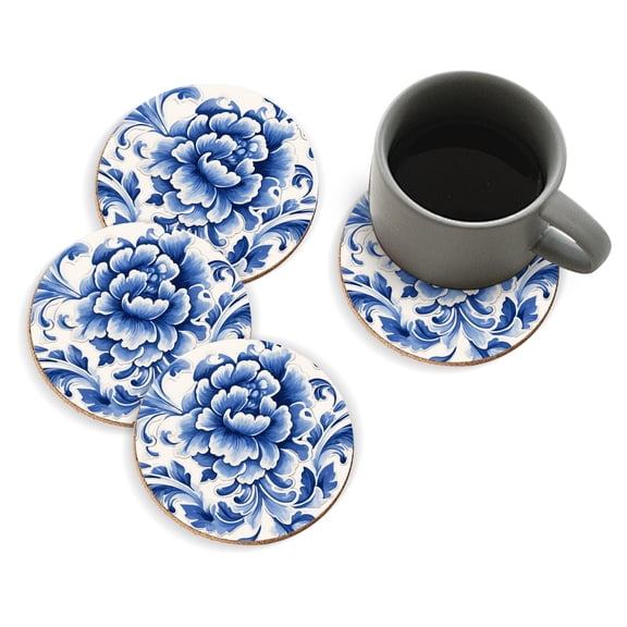 Coasters for Drinks Bar Beer,Set of 4 ,Round Wooden Housewarming Gift,Hand-Painted Blue And White Pattern