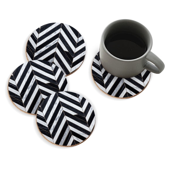 Coasters for Drinks Bar Beer,Set of 4 ,Round Wooden Housewarming Gift,Herringbone Pattern Made Of Black And White Marble Tiles