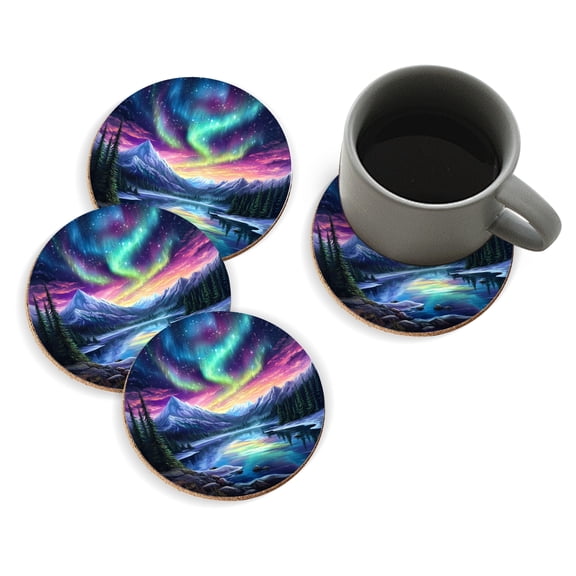 Coasters for Drinks Bar Beer,Set of 4 ,Round Wooden Housewarming Gift,Intricate Circular Design Featuring The Northern Lights