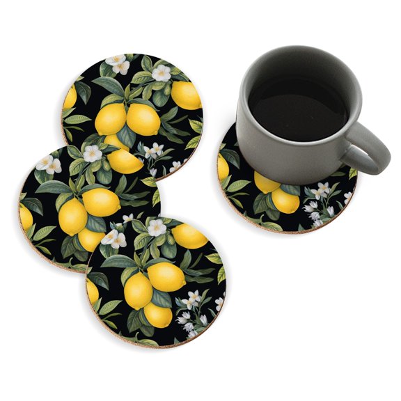 Coasters for Drinks Bar Beer,Set of 4 ,Round Wooden Housewarming Gift,Lemon Tree With Lemons And White Flowers On A Black Background