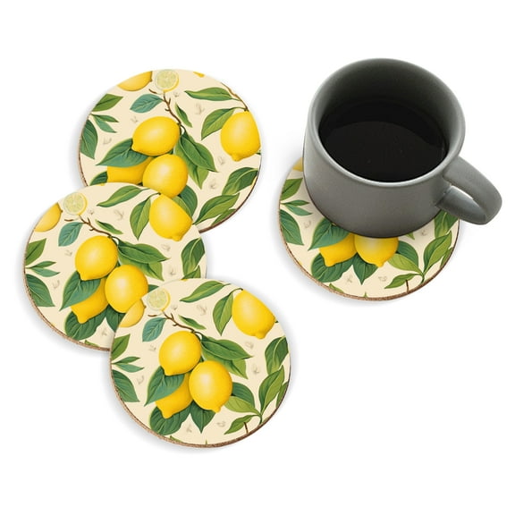 Coasters for Drinks Bar Beer,Set of 4 ,Round Wooden Housewarming Gift,Lemon With Leaves On Beige Background